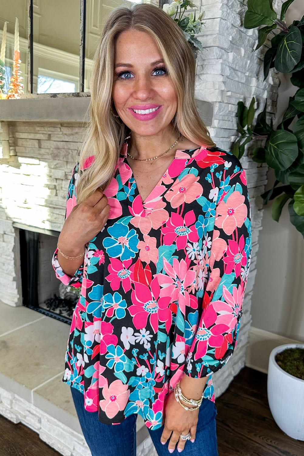 Pink Floral V Neck Roll Tab Sleeve Blouse - Love Salve